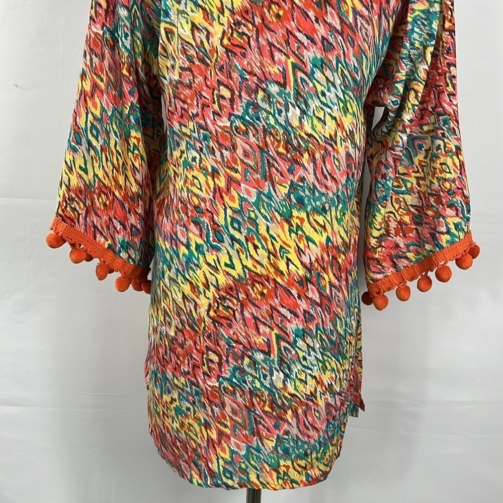 Uncle Frank Bell Sleeve Multicolor Tunic Top Dress With Pom Pom Fringe Detail S - Picture 7 of 10